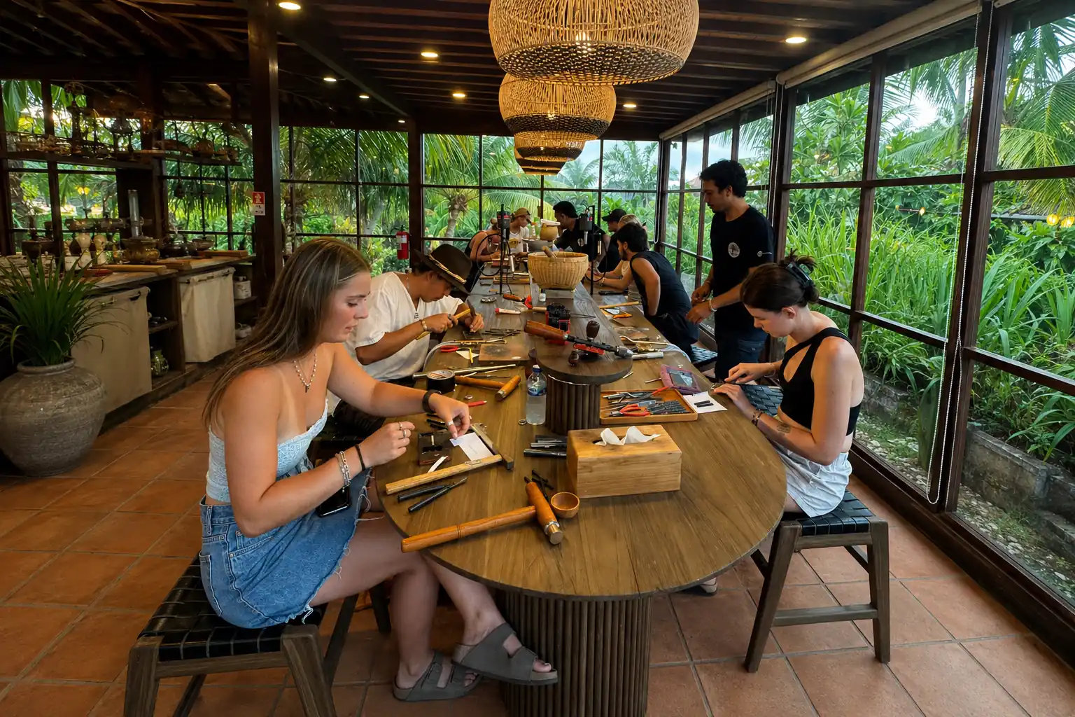 Travelers learning to make silver jewelry around a workshop table during a silver making class in Bali